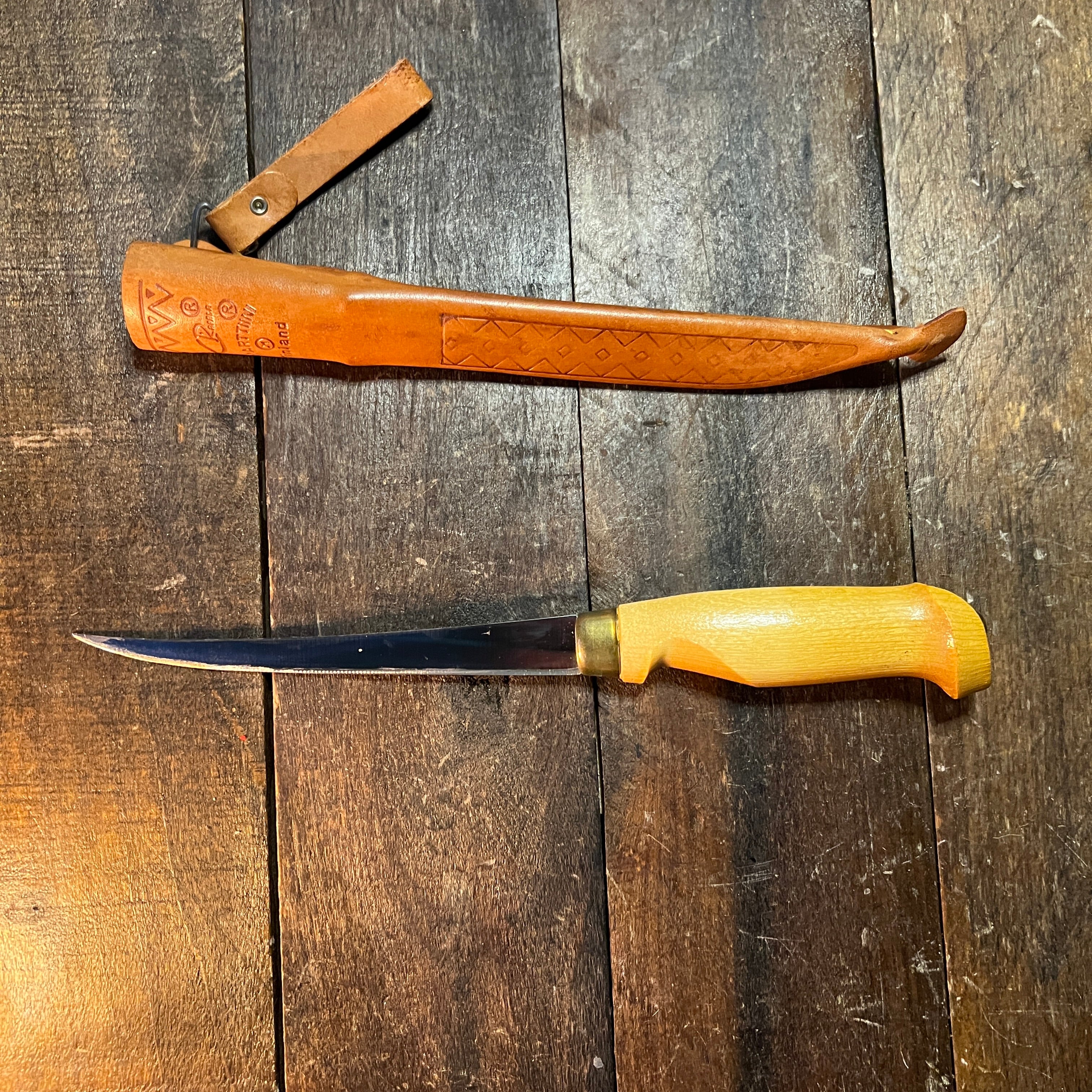 Rapala Vintage J. Marttiini Rapala Inscribed Fish Fillet Knife w/Leather Sheath Finland Gear Up