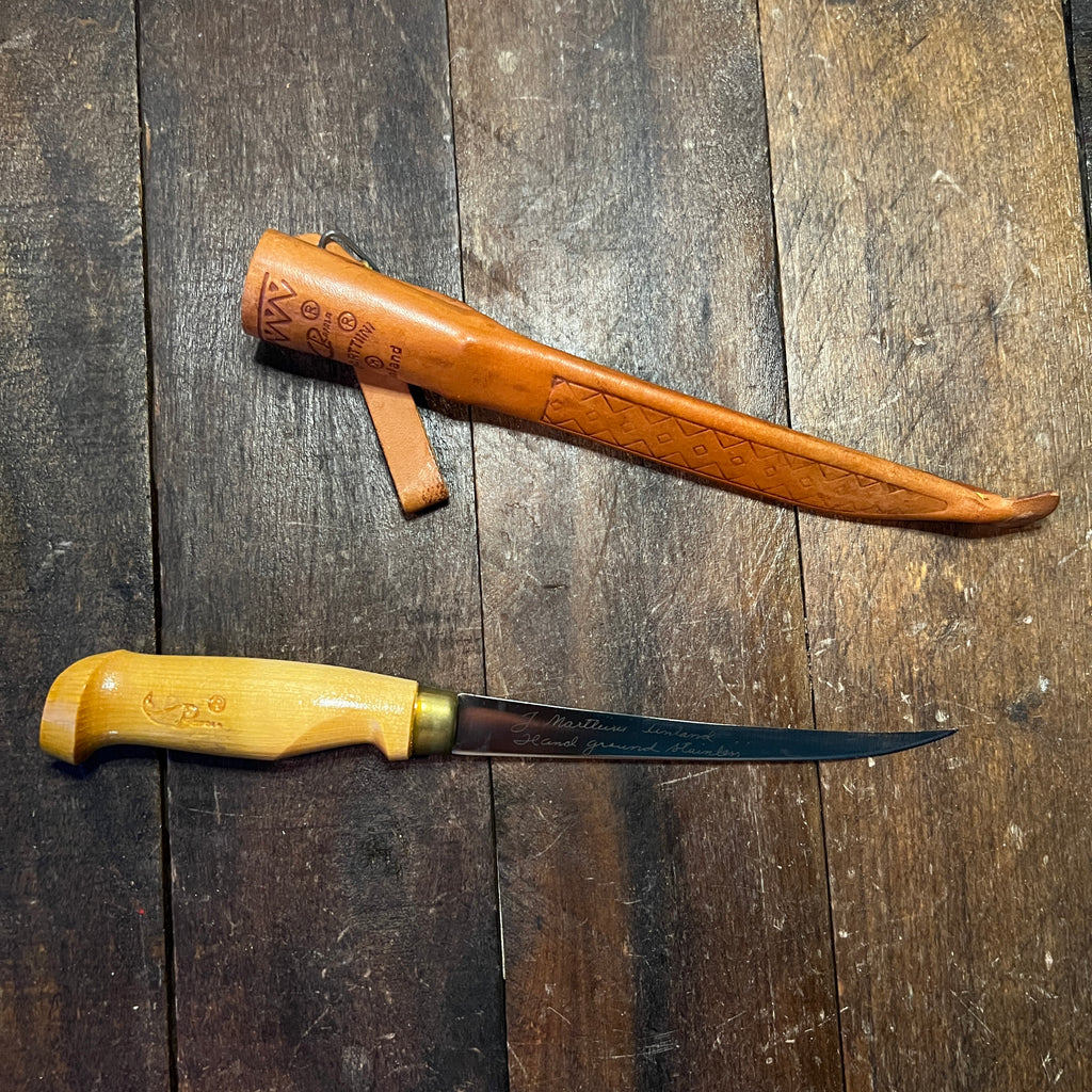 Rapala Vintage J. Marttiini Rapala Inscribed Fish Fillet Knife w/Leather Sheath Finland Gear Up