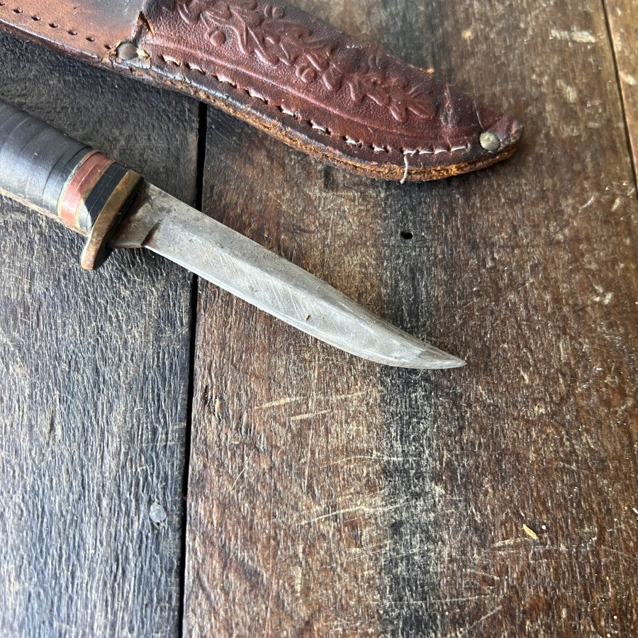 Unknown Vintage Fixed Blade Hunting Knife Stacked Leather Handle Gear Up