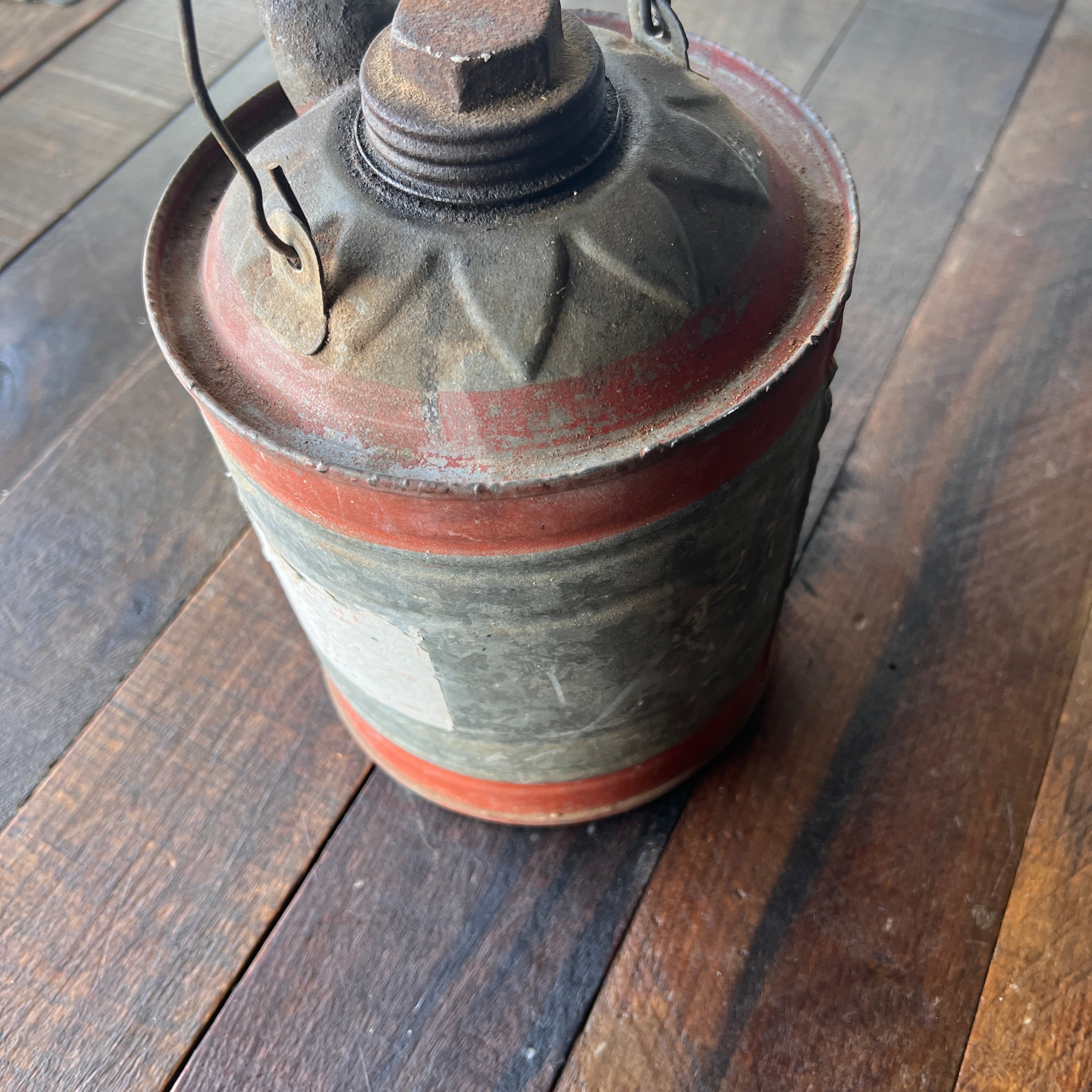 Unknown Vintage Kelly Gas Can Galvanized Metal Red Bands Collectible Gear Up